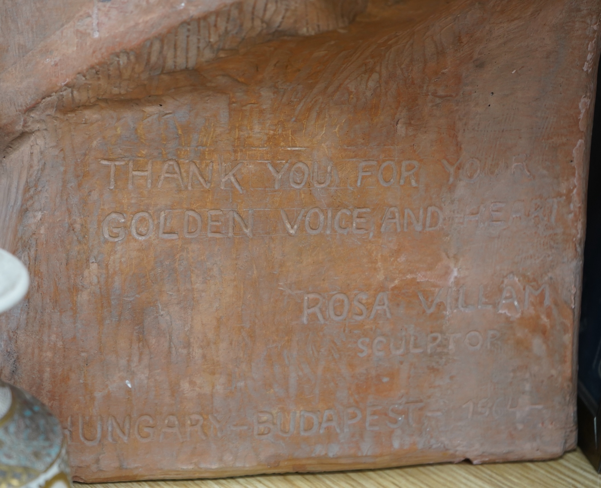 Mario Lanza - a terracotta bust by the sculptor Rosa Villam, signed to the side of the bust; ‘ Thank You For Your Golden Voice and Heart. Rosa Villam, Sculptor, Hungary-Budapest-1964’, 66cm high, together with aframed RC